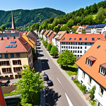 Vauban village, Freiburg, Germany, car-free streets, children playing, solar panels on rooftops, community garden, sustainable living, colorful buildings, vibrant atmosphere, wide-angle shot, sunny day.