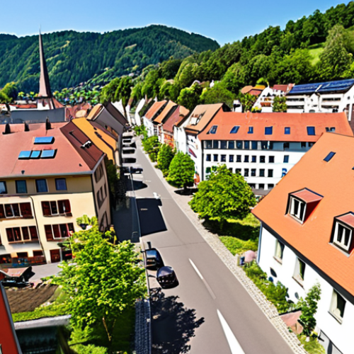 Vauban village, Freiburg, Germany, car-free streets, children playing, solar panels on rooftops, community garden, sustainable living, colorful buildings, vibrant atmosphere, wide-angle shot, sunny day.