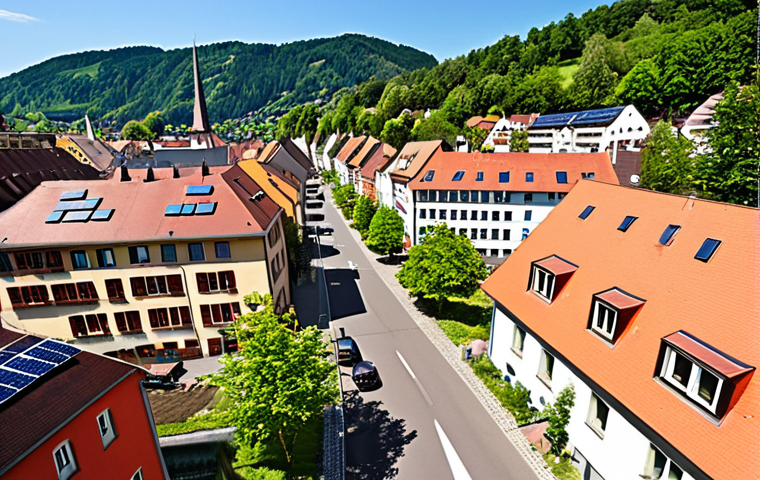 Vauban village, Freiburg, Germany, car-free streets, children playing, solar panels on rooftops, community garden, sustainable living, colorful buildings, vibrant atmosphere, wide-angle shot, sunny day.