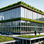 **

A modern office building with a green roof, solar panels, and large windows maximizing natural light, fully clothed people working inside, appropriate attire, safe for work, perfect anatomy, correct proportions, natural pose, exterior shot, showcasing sustainable architecture and integration with nature, professional, modest, family-friendly.

**