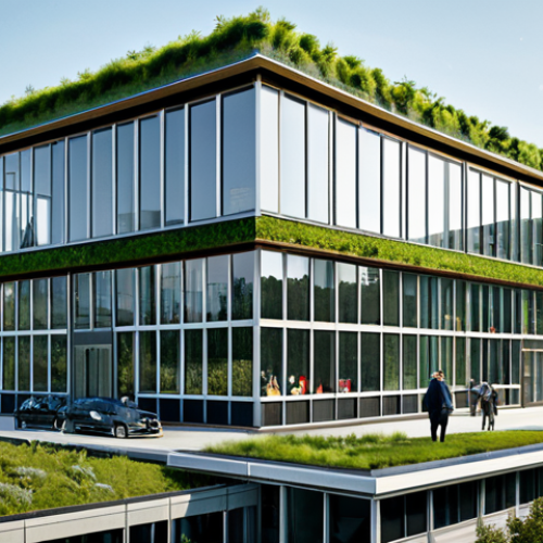 **

A modern office building with a green roof, solar panels, and large windows maximizing natural light, fully clothed people working inside, appropriate attire, safe for work, perfect anatomy, correct proportions, natural pose, exterior shot, showcasing sustainable architecture and integration with nature, professional, modest, family-friendly.

**