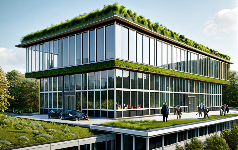 **
A modern office building with a green roof, solar panels, and large windows maximizing natural light, fully clothed people working inside, appropriate attire, safe for work, perfect anatomy, correct proportions, natural pose, exterior shot, showcasing sustainable architecture and integration with nature, professional, modest, family-friendly.
**