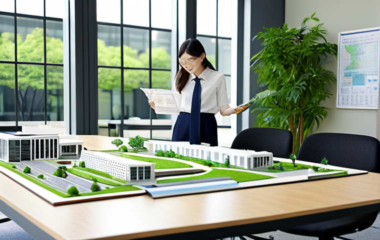 친환경 건축가의 사무실**
A professional environmental architect in a modern, bright office, reviewing sustainable building plans, fully clothed in appropriate business attire, surrounded by architectural models and green building certifications, safe for work, appropriate content, perfect anatomy, correct proportions, natural pose, professional, modest, family-friendly.
**